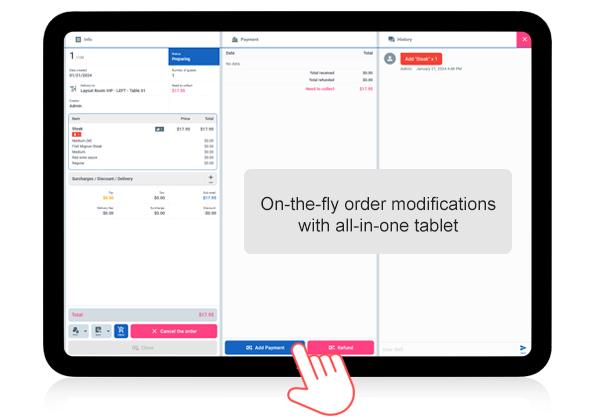 On-the-fly order modifications with all-in-one tablet AZCPOS